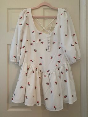 NWT For Love And Lemons White and Red Rose Embroidered Puffy 3/4 Sleeve Dress